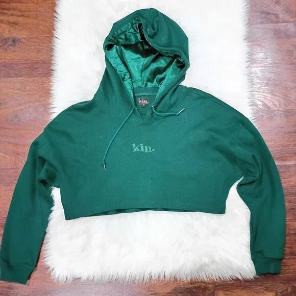 Kin Cropped Green Cotton S Hoodie With Satin-Lined Hood Drawstring - Picture 2 of 11